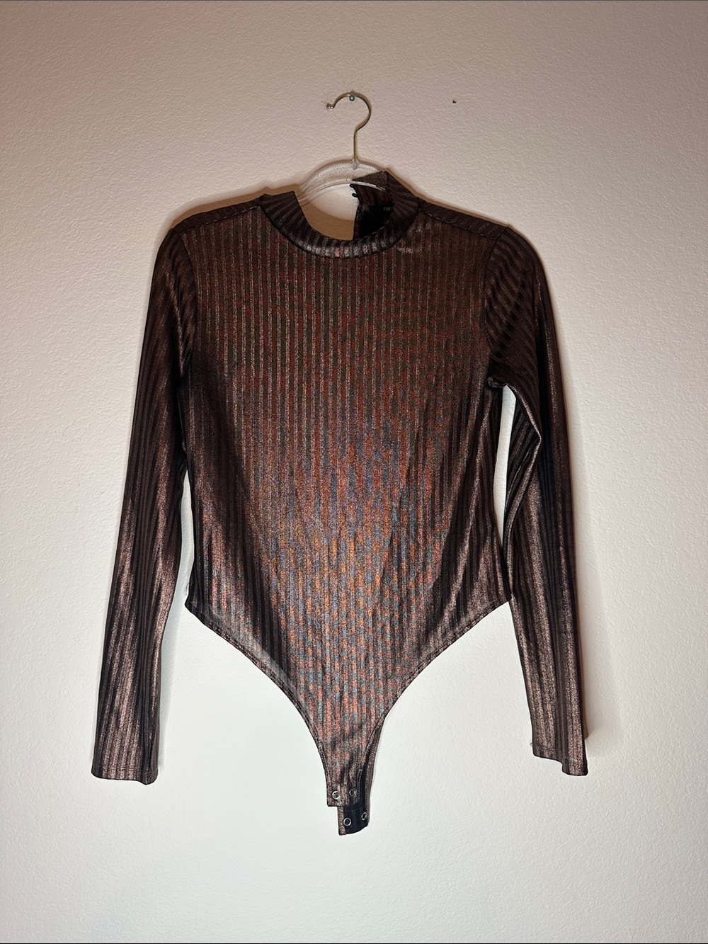 Forever 21 Metallic Brown Ribbed Long-Sleeve Bodysuit